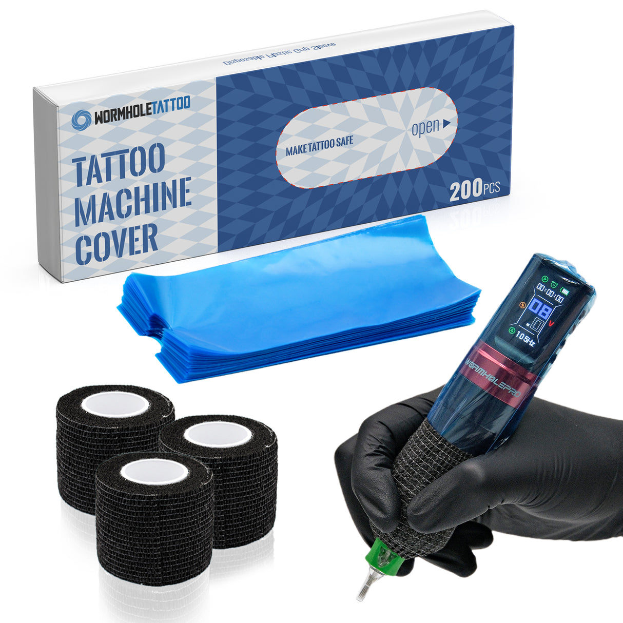 200PCS Disposable Tattoo Machine Covers + 3PCS Grip Tape