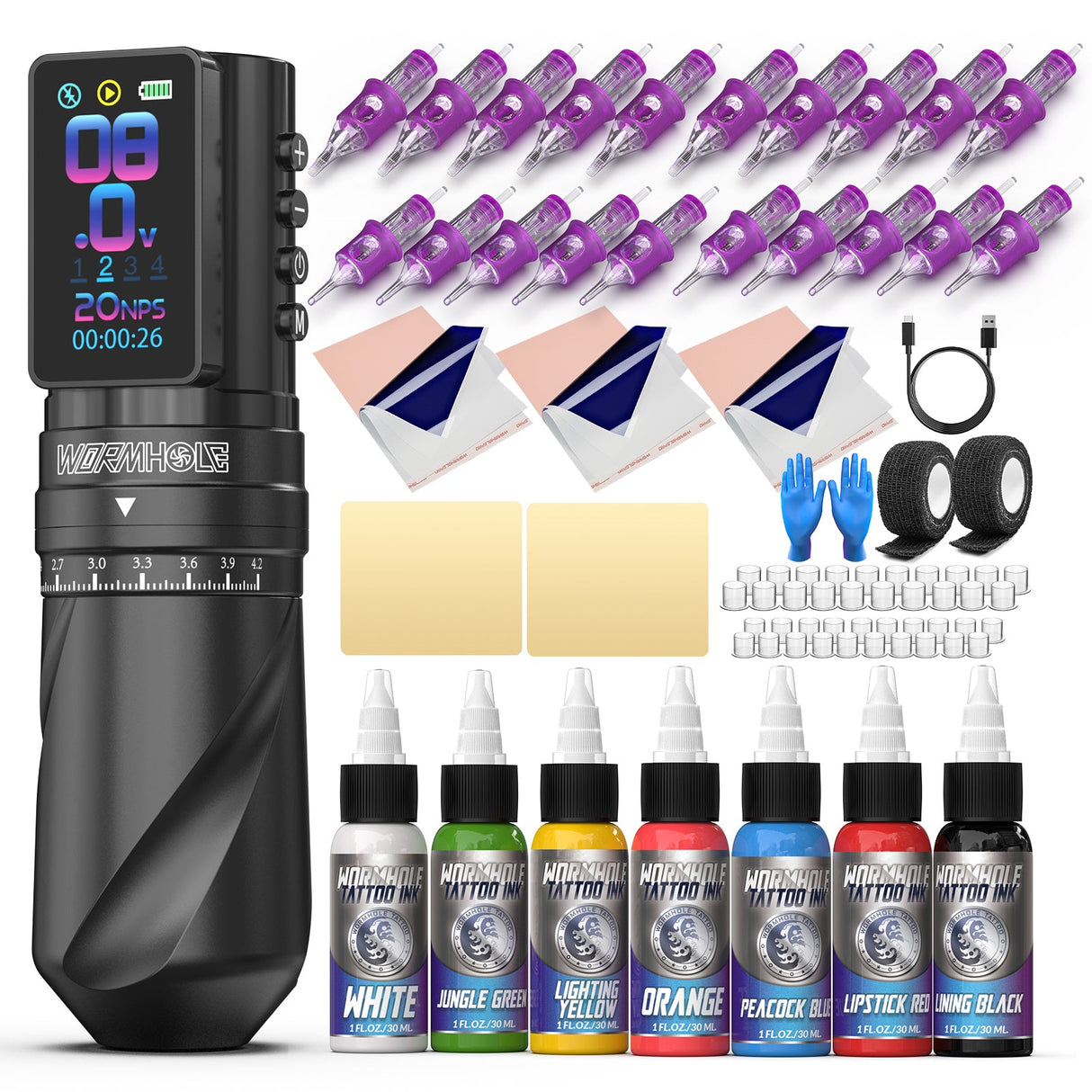 Wormhole Tattoo Kit –7 Adjustable Stroke & LED Display