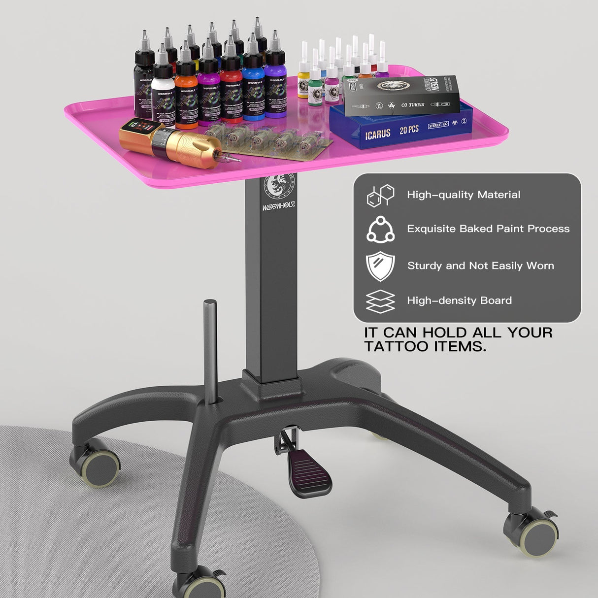 Wormhole Tattoo Tray Table with Wheels – Adjustable Height Trolley