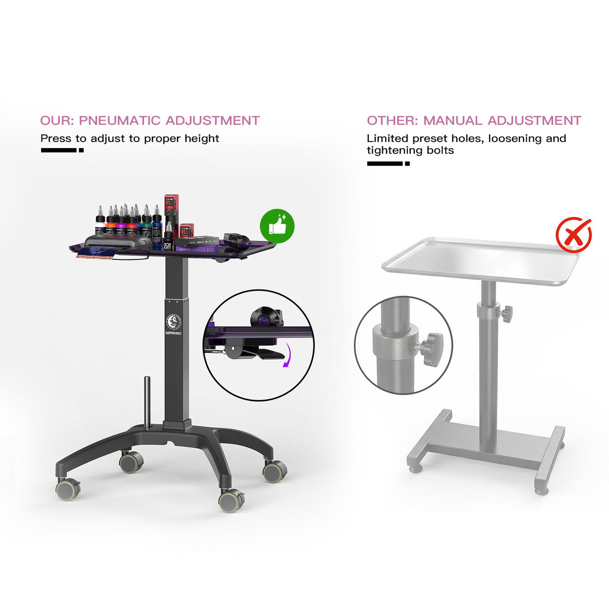 Wormhole Tattoo Tray Table with Wheels – Manual Adjustable Height (Purple)
