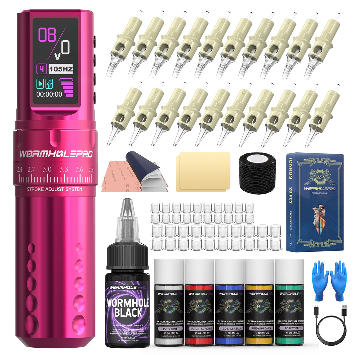 Wormhole Pro Virgo Wireless Tattoo Kit – 5 color ink, professional cartridges