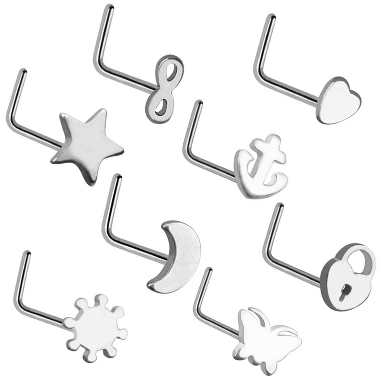 L Shape Nose Ring Mixed Size 8pcs 20G