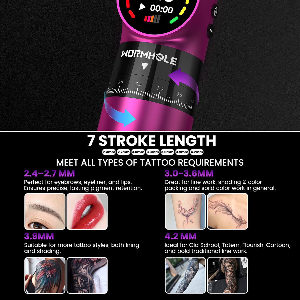 Wormhole Wireless Tattoo Pen Kit – Adjustable Stroke Rotary Tattoo Machine Dual Batteries