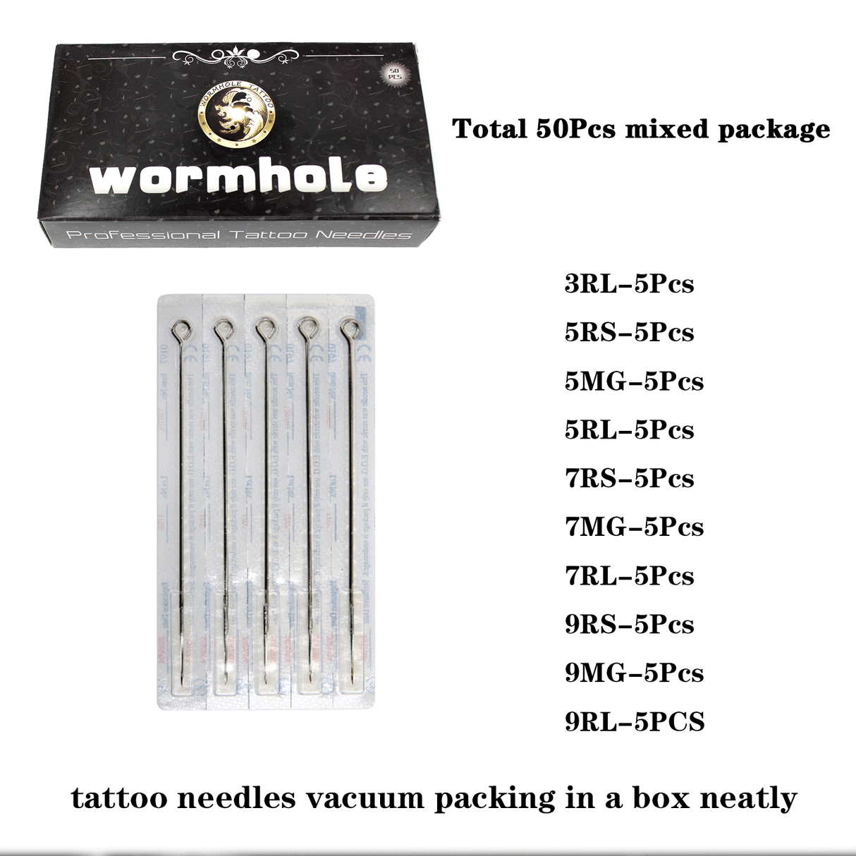 Wormhole 50 Pcs #12 Standard Disposable Tattoo Needles Mix Sizes with Blue Dot - wormholetattoo