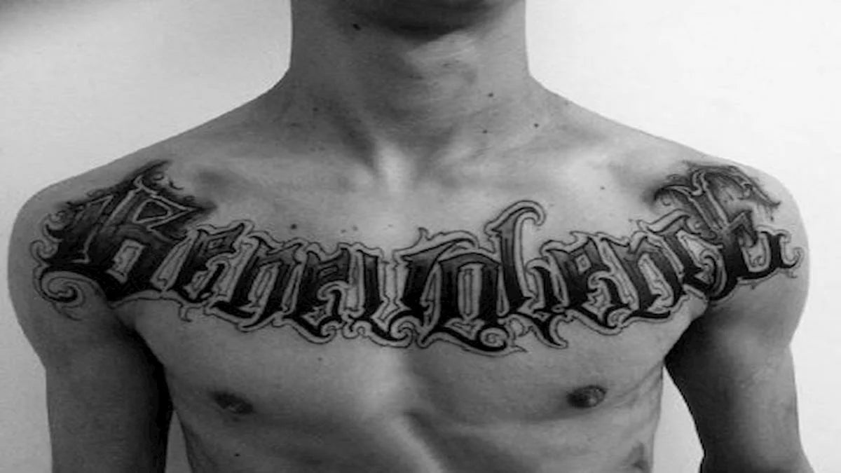 73 Tattoo Lettering Designs for Men [2024 Inspiration Guide] | Tattoo  lettering, Tattoo lettering design, Chest tattoo script