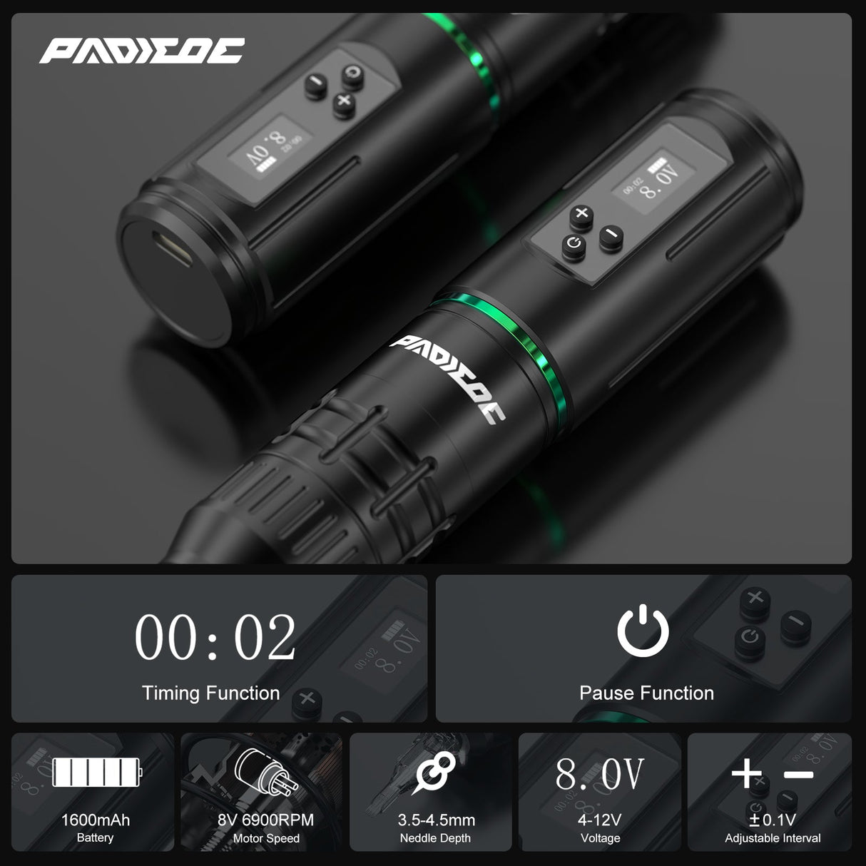 Wireless Tattoo Kit LED Display – 1600mAh Battery, Rotary Tattoo Pen