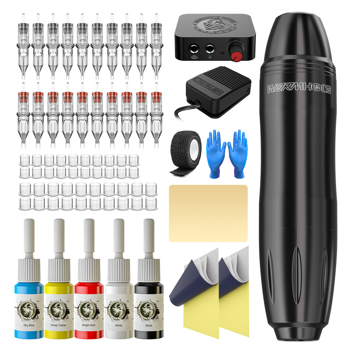 Tattoo Practice Kit Rotary Machine 20 Cartridges 5 Inks Power Supply