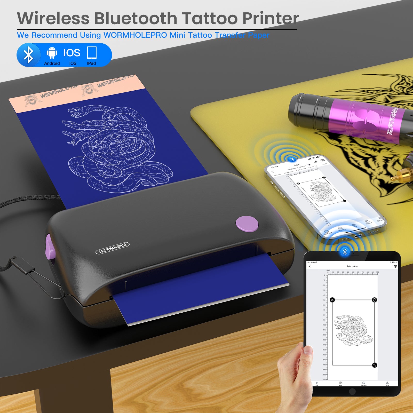 タトゥー ステンシルプリンターTATTOO STENCIL PRINTER Wormhole Mini Tattoo Stencil Printer with Bluetooth – wormholesupply