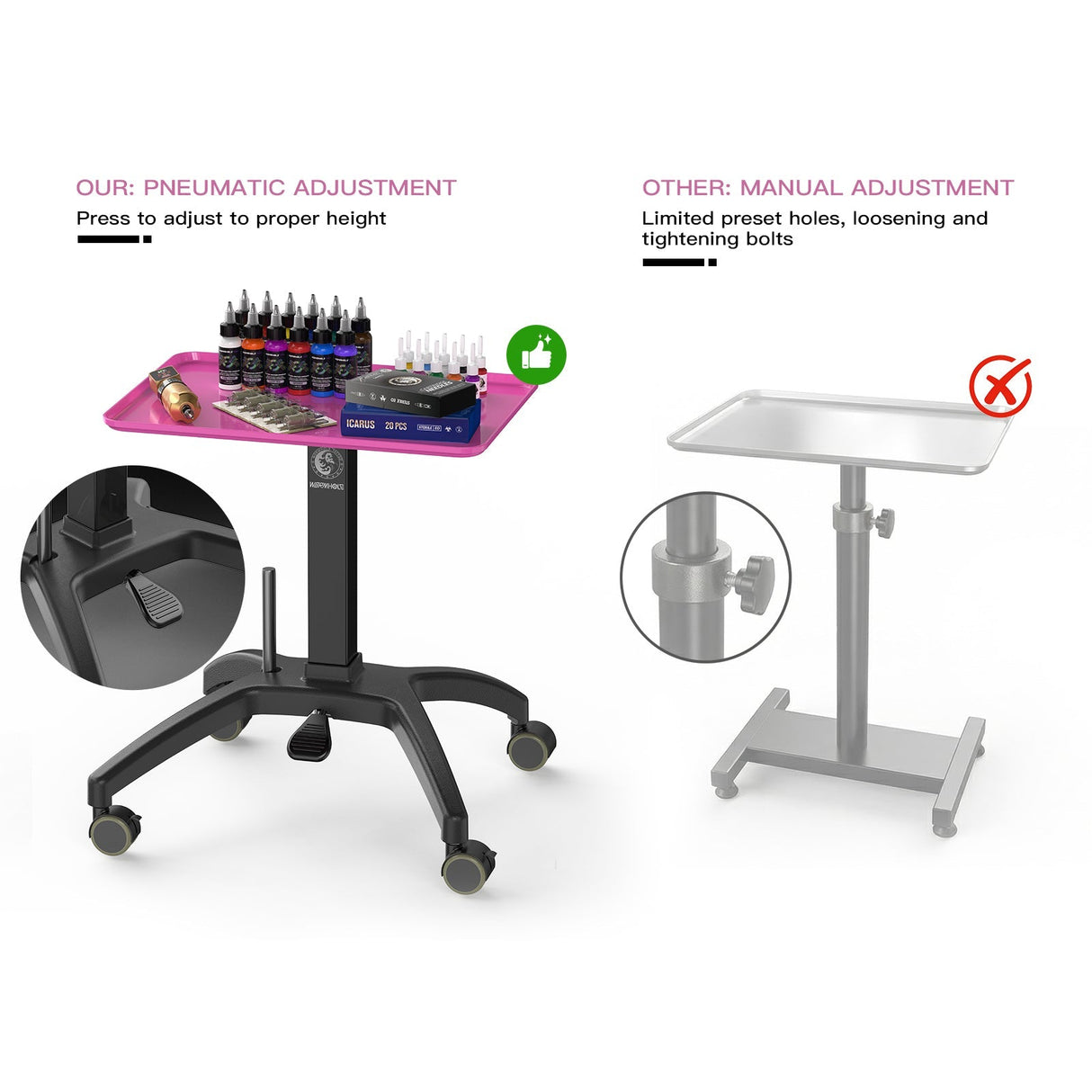 Wormhole Tattoo Tray Table with Wheels – Adjustable Height Trolley