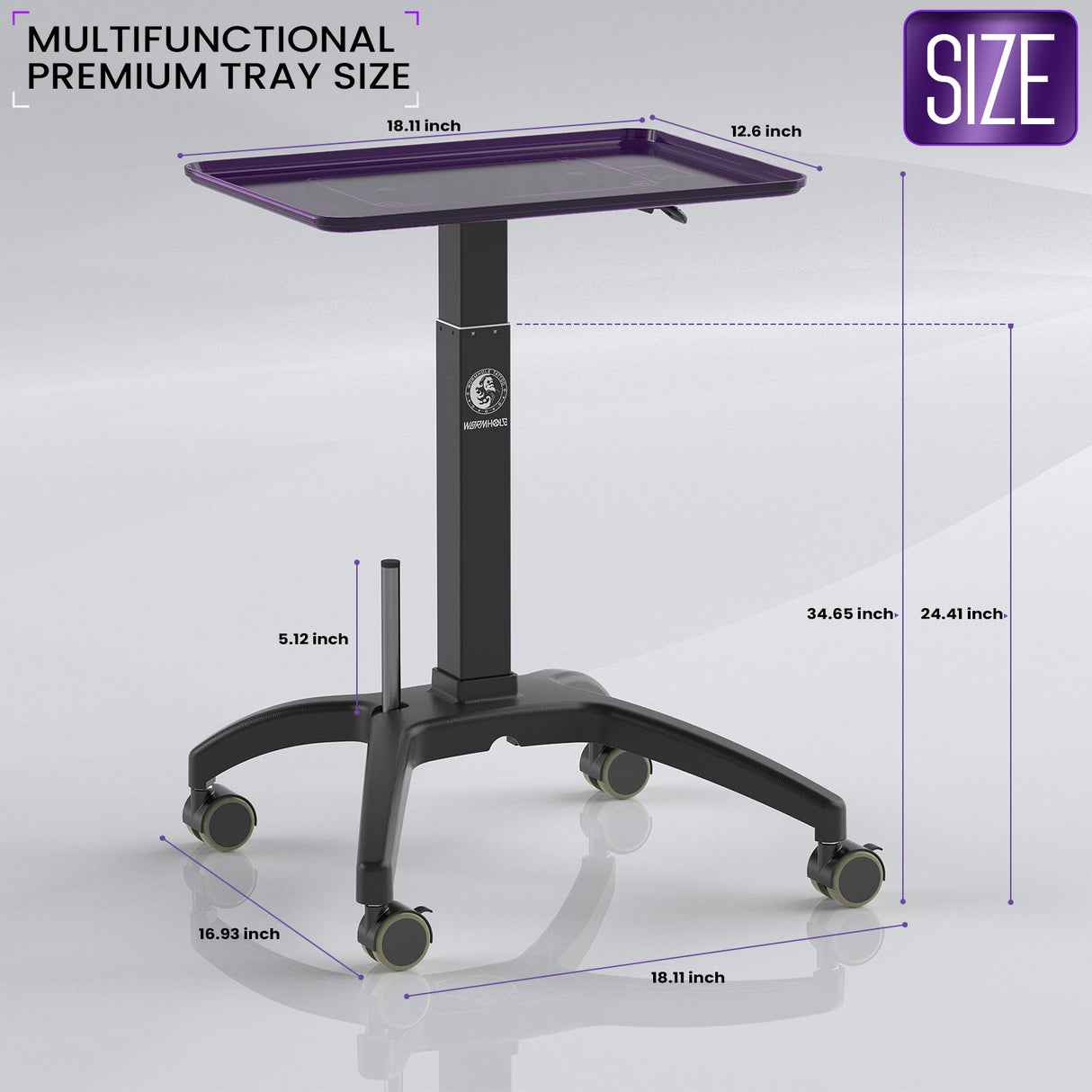 Wormhole Tattoo Tray Table with Wheels – Manual Adjustable Height (Purple)