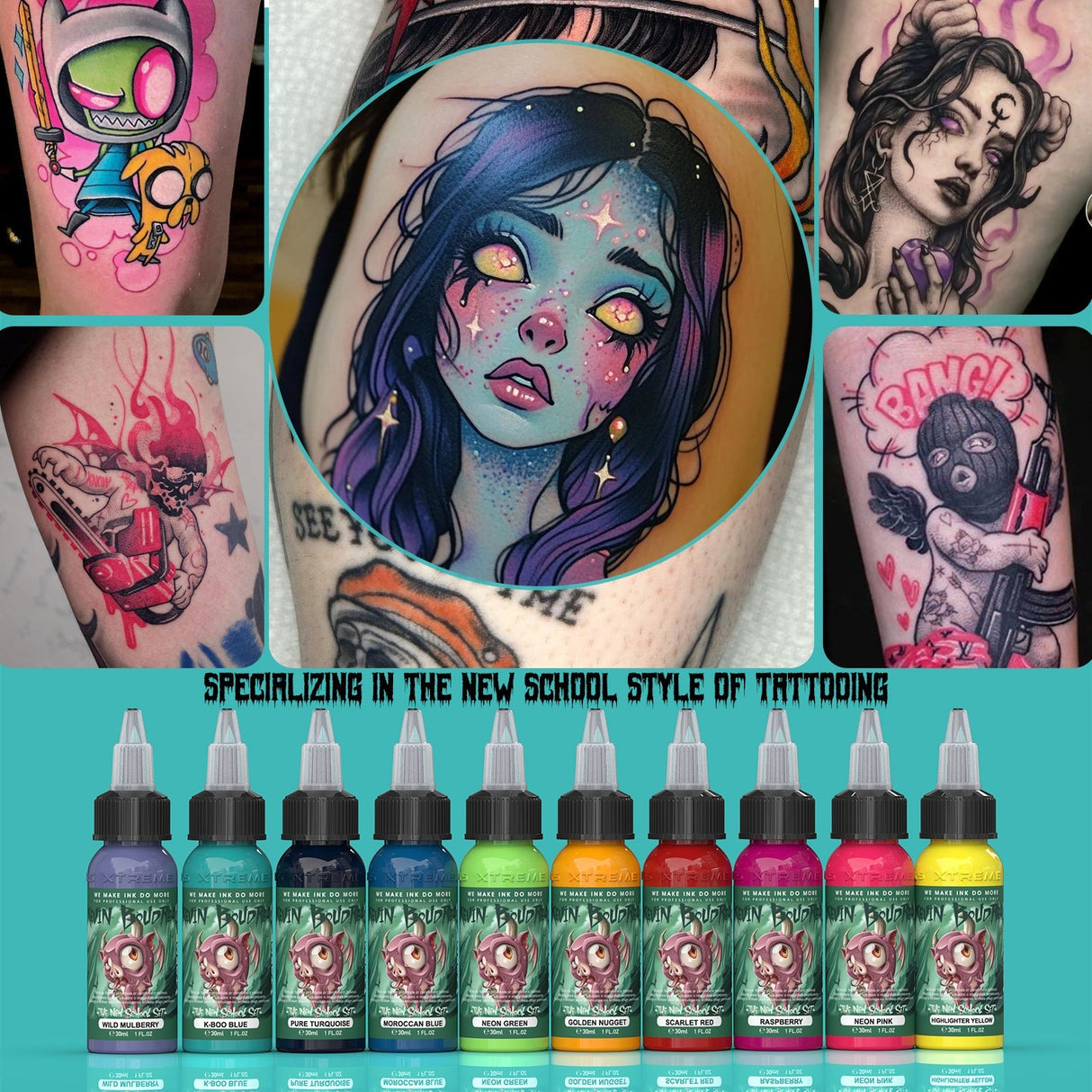 Xtreme Tattoo Ink Kit - New School Style Tattoo Ink Set (10 Colors, 1 OZ)