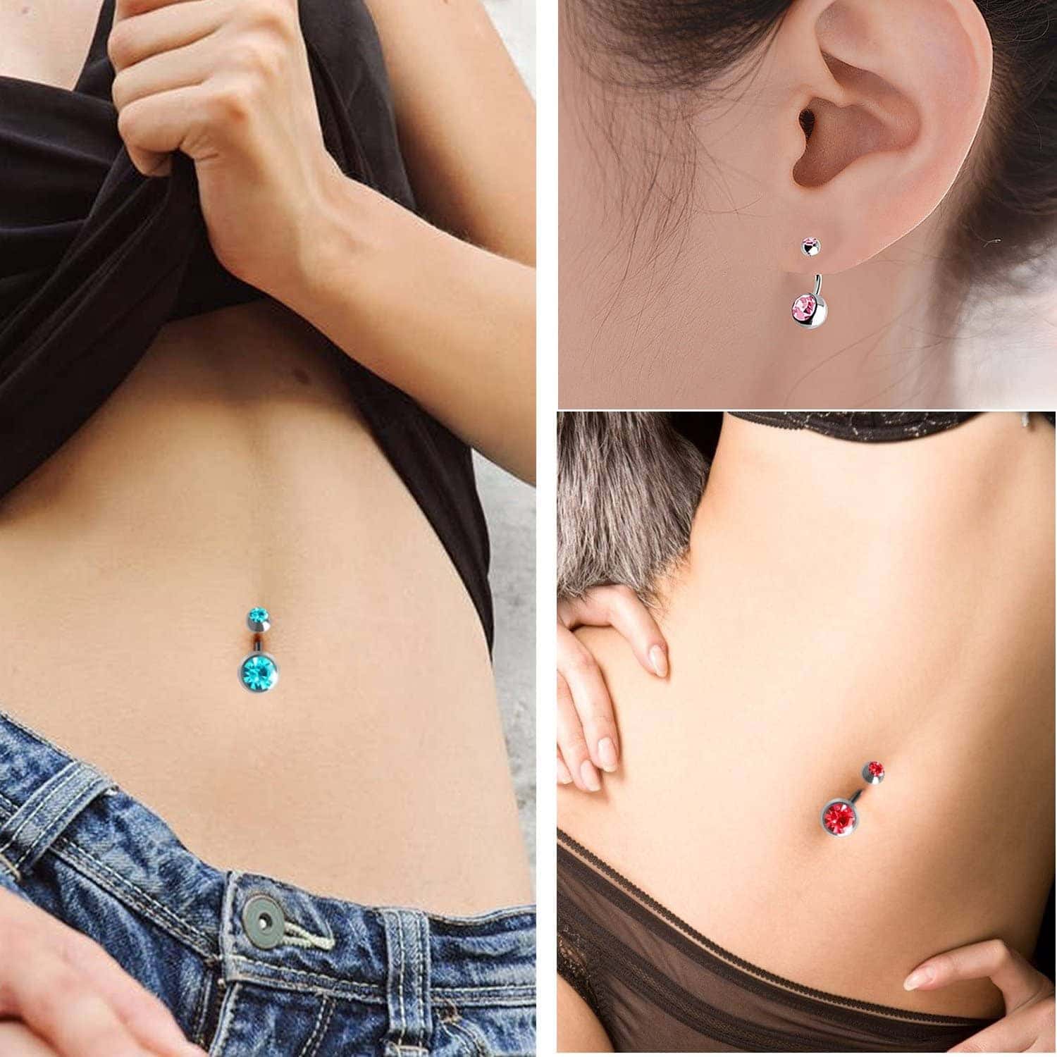 14K Solid Gold Dangling Triple Gem Belly Button Ring